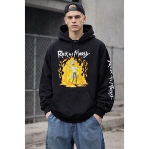 Rick and Morty Hoodie Men's L Black Graphic Pullover Cartoon Adult Swim